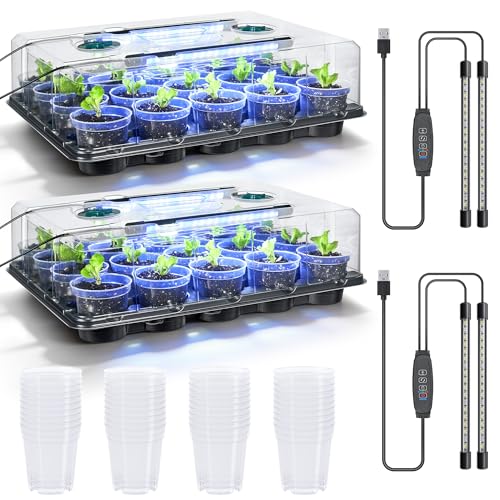 homenote 2 Pack Seed Starter Trays with Grow Lights and 40 3 Inch Pots - size: 3 Inch, style: 2 Pack Tray+Pots+Dome+Grow Light