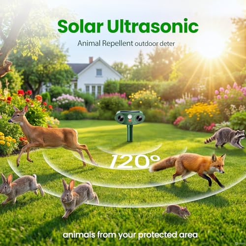 2026 New Upgrade Solar Powered Ultrasonic Animal Repellent Outdoor | Motion Activated Flash Light IP65 Waterproof Repeller Drives Away Deer Opossums for Yard Farm (4-Pack)