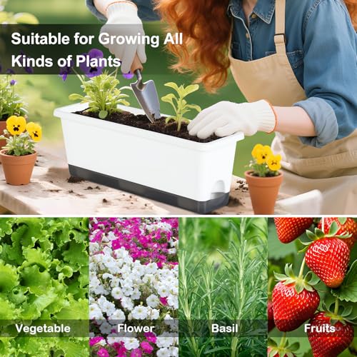 Window Box Planter 4 Packs, 17 Inches Rectangle Flower Pots with Drainage Holes & Trays, Pots for Vegetables, Herbs, Flowers, Garden Windowsill Balcony (White, 17 * 5.1 * 6 inch) - color: White