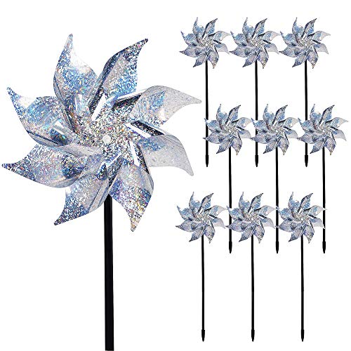 Hausse 10 Pack Reflective Pinwheels with Stakes (Assembly Required), Extra Sparkly Pin Wheel for Garden Decor, Bird Repellent Devices Deterrent to Scare Birds Away from Yard Patio Farm - color: Silver