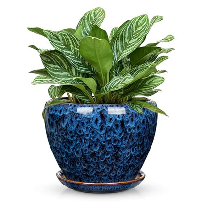 Hollyone 9inch Ceramic Planter Blue Ceramic Plant Pot for Plants Flowers with Drainage Hole and Saucers Ceramic Glaze Round Flower Plant Pot for Indoor Outdoor Large Round Succulent Orchid Flower Pot - size: 9 Inch (Single)