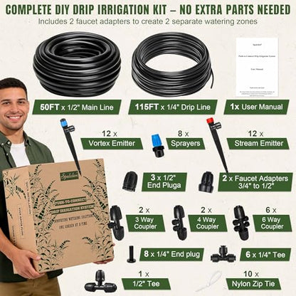 Push-to-Connect Drip Irrigation System Kit, 2-Zone Garden Watering System with 50FT 1/2" Mainline, Leak-Resistant Quick Connect Fittings, Adjustable Emitters for Raised Beds, Greenhouse