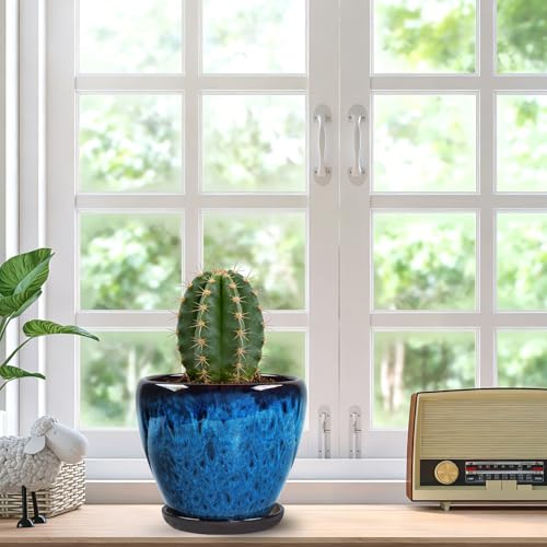 Ceramic Plant Pots With Saucer & Drainage Hole, 6 inch Indoor Flower Pots - color: Blue, size: 6 inch