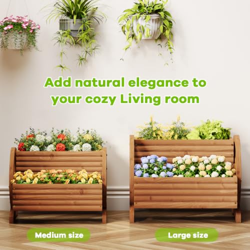 Wood Wagon Planter for outdoor Plants Cute Garden Flower Pots Cart Porch, L - color: Brown-large