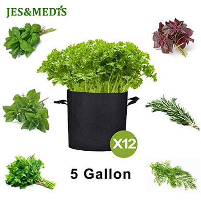 JES&MEDIS 12-Pack 5 Gallon Plant Grow Bags Thick Aeration Non Woven Fabric Flower Vegetable Pots with Handles Garden Container Black (5 Gallon_12 Pack) - size: 5Gallon_12Pack