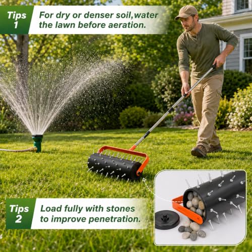 Rolling Lawn Aerator 42 Spikes Adjustable Handle Soil Penetrato
