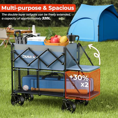 Double Decker Collapsible Wagon with Brakes,Compact with Tailgate - color: Ligjht Blue