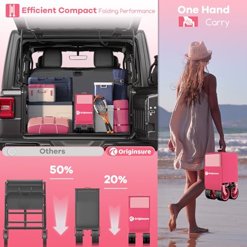 Originsure 300L Beach Wagons Carts Foldable with Big Wheels, 560lbs, Pink - color: Pink
