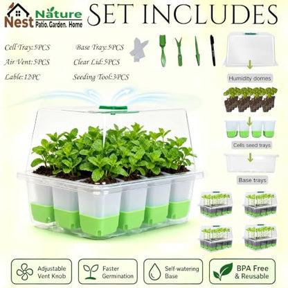 NestNature 5-Pack Seed Starter Tray Set|60-Cell Flexible Germination Trays - color: Classic Style Green