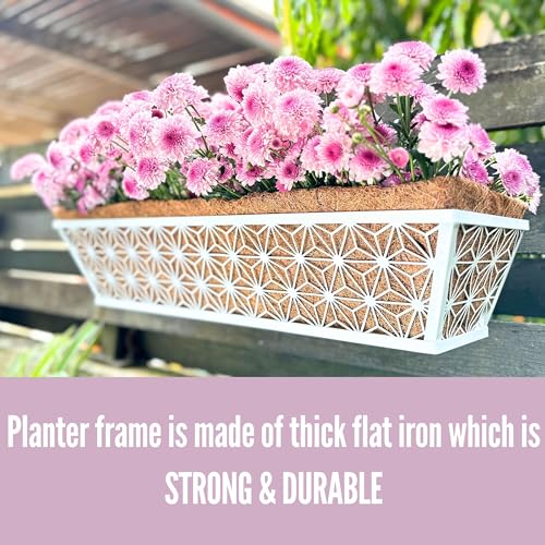 LaLaGreen Window Boxes Planter (2 Pack, 24 Inch) White Metal Rectangular Wall Planters with Coco Liner, Horse Trough Deck Railing for Outdoor Plants Holder, Modern Rail, Balcony, Fence, Porch Patio - size: 24" (61cm) x 2 pack