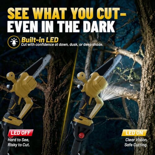 2-in-1 Cordless Pole Saw & 8-Inch Mini Chainsaw for Tree Trimming - color: Yellow, size: 8inch with LED Light