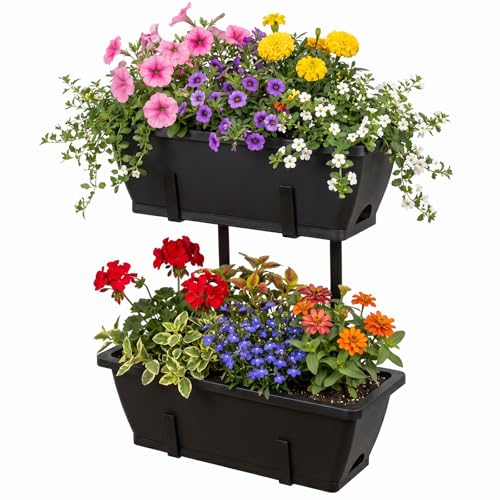 CADUKE Hanging planters for Fence, Deck Planters for Railings, Railing Flower Pots Outdoor with Hooks & Drain Holes, Double-Layer Detachable Design for Garden & Balcony Decor, Black - color: Black