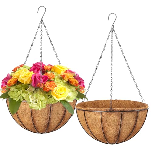 LCHUANG Hanging Baskets Planter for Plants - 2 Pack 10 Inch Metal Baskets with Coco Coir Liner, Hanging Flower Pots for Outside with Chain, Indoor Outdoor Garden Porch Decoration (10'' Pack of 2) - size: 10 Inch