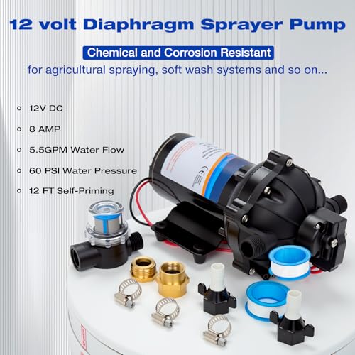 12 Volt Sprayer Pump, Soft Wash Pump, 5.5GPM, 60PSI 10 Amps - size: 5.5GPM