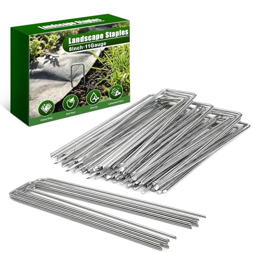 HOOPLE 100 Pack 8 Inch Landscape Staples 11 Gauge Heavy Duty Galvanized Garden Stakes, Sod Pins for Weed Barrier Fabric, Artificial Turf, Drip Irrigation, Lawn Edging & Ground Cover - size: 8 Inch