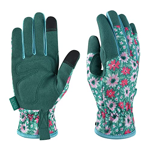 Gardening Gloves for Women and Men, Garden Gloves with Touch Screen, Thorn Proof Puncture Resistant Working Gloves, Gardening Gifts for Women, Size Medium - color: Green Flower, size: Medium