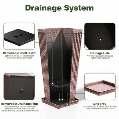 Square Tall Planters for Outdoor Plants with Tray - Stone Finishes - color: Reddish Brown-stone Finishes