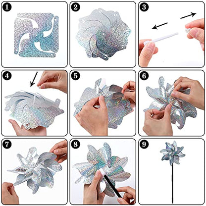 NOVWANG 16 PCS Reflective Pinwheels with Stakes, Extra Sparkly Pinwheels for Yard and Garden Pinwheels Bulk, Bird and Animal Deterrent Device to Scare Birds Away from Patio(Silver)
