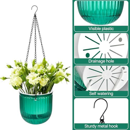4Pcs Self Watering Hanging Planter, 6.5'' 4.5'' Hanging Plant Pots with Drainage Holes,Plastic Hanging Plant Flower Pots Baskets,Visible Hanging Planters for Indoor Plant Garden Home(Emerald)