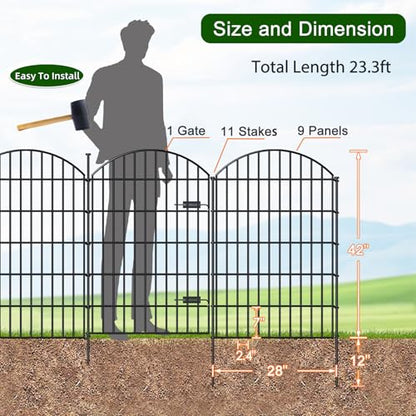 Metal Garden Fence with Gate 42 in x 23.3 ft, No-Dig Outdoor Dog Fence - size: 42"Hx23.3ft (Gate+9Panels)