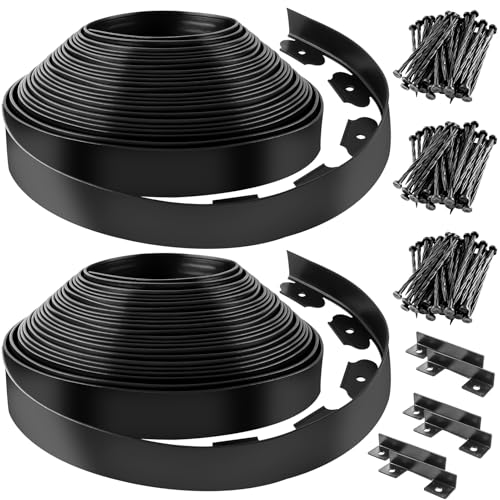 Landscape Edging, 1.5 Inch Tall 50 Ft No Dig Landscape Garden Edging Border Kit with 150 Anchoring Spikes, Plastic Garden Border for Landscaping Flower Bed Lawn Yard Grass Paver Pathway Walkway, Black - size: 1.5IN x 2*25FT