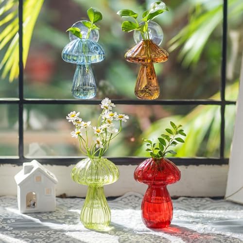 LemonRoad 8 Pcs Mushroom Window Propagation Stations with Suction Cups Cute Glass Wall Hanging Planter Holder Flower Vases Hydroponic Bud Terrarium Jar for Indoor Window Living Room Home Office Decor