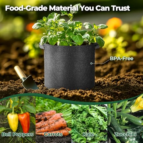 T4U Fabric Plant Grow Bags with Handle 7 Gallon Pack of 5, Heavy Duty Nonwoven Smart Garden Pot Thickened Aeration Nursery Container Black for Outdoor Potato, Tomato, Chili, Carrot and Vegetables - size: 7 Gallon-5 Packs