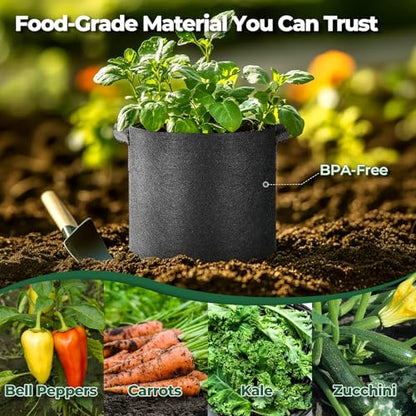 T4U Fabric Plant Grow Bags with Handle 7 Gallon Pack of 5, Heavy Duty Nonwoven Smart Garden Pot Thickened Aeration Nursery Container Black for Outdoor Potato, Tomato, Chili, Carrot and Vegetables - size: 7 Gallon-5 Packs