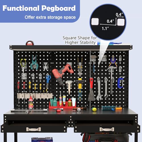 Goplus Workbench with Drawers, 48" x 24" Work Table with Pegboard, Storage, 4 Shelves, 24 Hanging Accessories, 506 LBS Capacity, Heavy-Duty Metal Tool Work Bench for Garage, Workshop - color: Black, size: 48" x 24" with Drawer