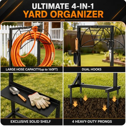 facka Garden Hose Holder Freestanding Metal Hose Stand 4-Prong Shelf Hooks