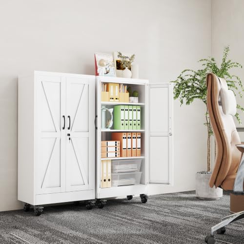erosoei 47" H Metal Garage Storage Cabinet, Rolling Tool Cabinet with 2 Doors and Wheels, Locker Steel Cabinet with 3 Adjustable Shelves, Organization Cabinet for Garage,Office,Home,Gym,School - color: White, size: 47" CasLck-M
