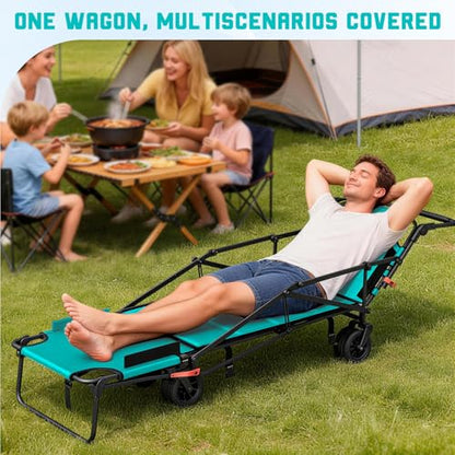 LEVELEVE Heavy Duty Folding Wagon - 2-in-1 Collapsible Cart, All-Terrain Wheels w/Brakes & Side Pockets (Azure Blue, 650lb Capacity) - color: Sky Blue, size: Large