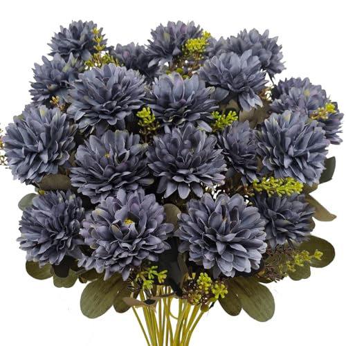 Fall Flowers Artificial Mums 2 Pcs 18 Heads Silk Chrysanthemums Fake Mums Faux Floral Bouquet Arrangements for Home Decor Indoor Outdoors Planter Pots Porch Autumn Decoration (Light Blue) - color: Light Blue