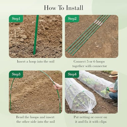 Garden Mesh Netting Kit with Hoops, 36Pcs Greenhouse Hoops Grow Tunnel Garden Covers for Raised Bed Fiberglass Frame Plant Protection Row Cover for Vegetable Fruit Flowers
