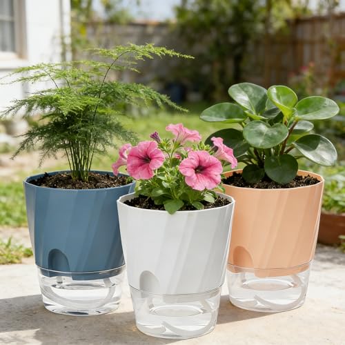 Self Watering Plant Pots 6 Inch, Indoor Planters with Wick Rope & Reservoir - color: White, Pink, Blue, size: 6 Inch Set of 3