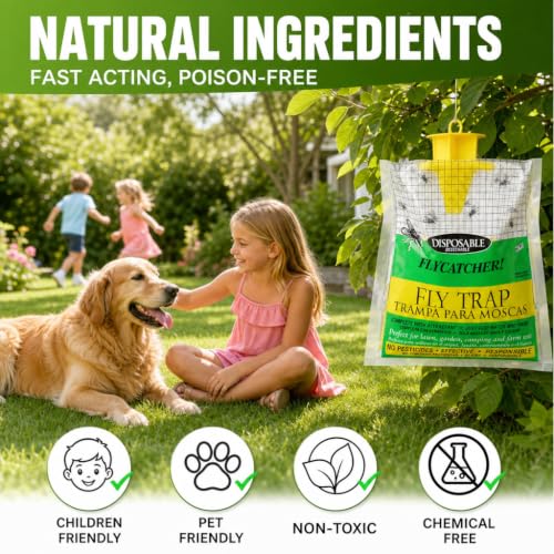 Fly Traps Outdoor Hanging, Natural Pre-Baited Bug Catcher Bags, Non-Toxic Flying Insect Killer for Outside Home, Patio, Trash Can, Horse Stables, Farm, Pastures, Backyard & Camping,4 Pack