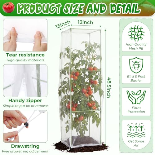 Frienda 3 Pack Square Tomato Cages with 3 Pcs Zippered Plant Netting Covers, 48.5 in Adjustable 3-Tier Tomato Plants Trellis, Drawstring Plant Protection for Climbing Vegetables, Fruit, Flowers