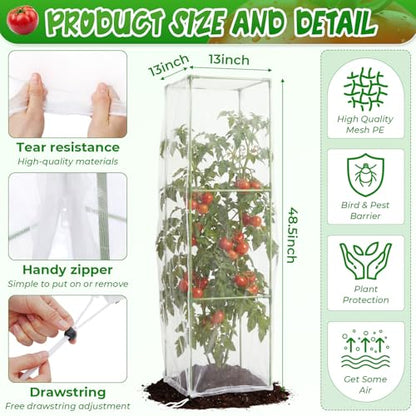 Frienda 3 Pack Square Tomato Cages with 3 Pcs Zippered Plant Netting Covers, 48.5 in Adjustable 3-Tier Tomato Plants Trellis, Drawstring Plant Protection for Climbing Vegetables, Fruit, Flowers