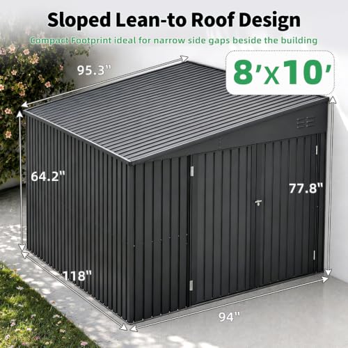AECOJOY Shed Lean to Storage Shed, Large Outdoor 8' x 10' Metal Wall Side Bike Shed & Outdoor Storage, Garden Storage Cabinet for Backayrd, Patio and Outdoor Use in Dark Grey - color: Dark Grey, size: 8' x 10'