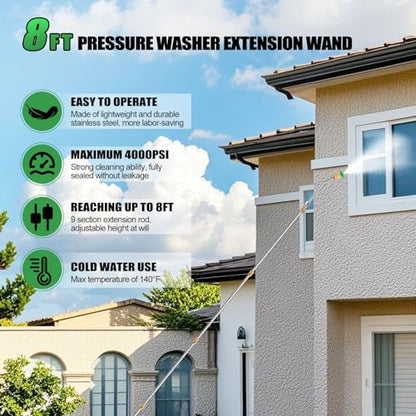 Gutter Cleaning Tools From the Ground, 9 Pack 8 FT Pressure Washer Extension Wand, Power Washer Lance With 6 Pressure Washer Spray Nozzle Tips, 30°, 90°, 120° Gutter Cleaner Curved Rod, 4000 PSI