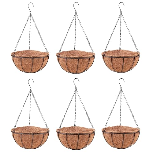 LaLaGreen Large Hanging Baskets (14 in, 6 Pack) Black Metal Coco Liner Pots - size: 14" x 6 Pack