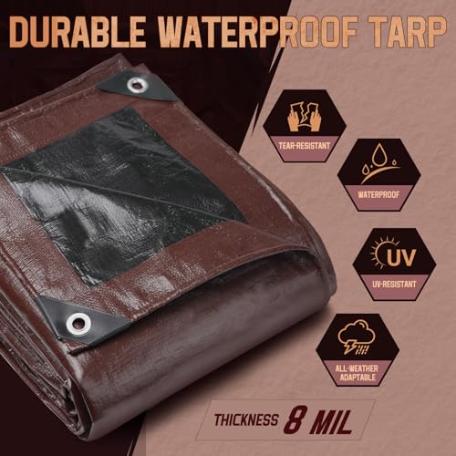 8x12 Tarp 8 Mil Waterproof Tarp Multipurpose Large Tarp, Brown/Black - color: Brown/Black, size: 8x12