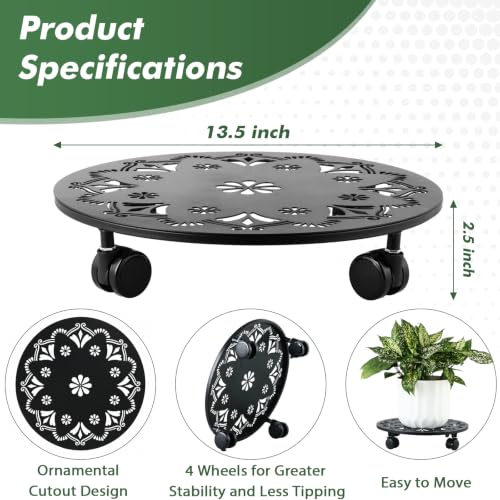 4 Pack Rolling Plant Caddy with Wheels 14 Inch, Plant Rollers with Wheels Metal Plant Caddy with Wheels Heavy Duty Plant Stand for Large Plants, Matte Black Rolling Planter Base, 4 Wheels for Planters - color: Black