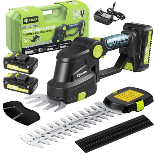 Saker 20V Cordless Hedge Trimmer,2 in 1 Bush Trimmer with 2 Battery - color: GREEN HEDGE TRIMMER+2 BATTERIES