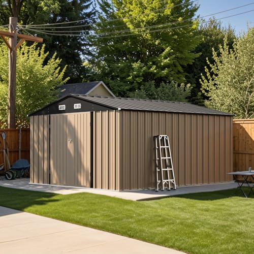 Patiowell 10x12 FT Storage Shed, Outdoor Metal Sheds, Brown - color: Brown, size: 10x12 FT