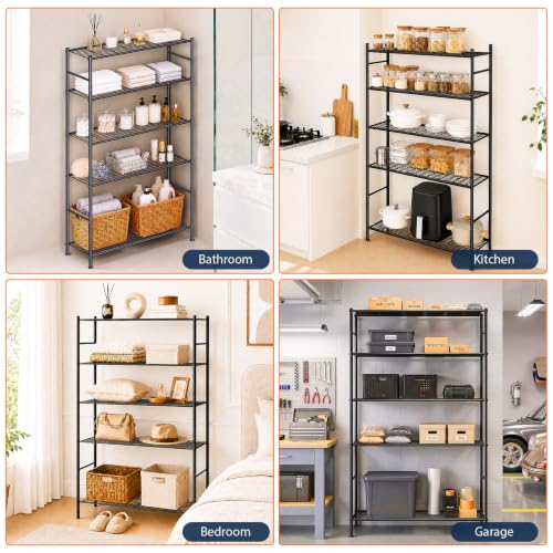 LEVELEVE 5-Tier Metal Storage Shelves, 33.1" x 12.6" x 72", Heavy Duty Utility Shelving Unit, Tall Rust-Resistant Organizer Rack for Garage, Pantry, Bathroom, Office, Black - color: Black-5t