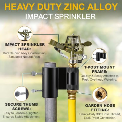 T Post Impact Sprinkler, Zinc Alloy 360°Garden Sprinkler Fit T U Round Post