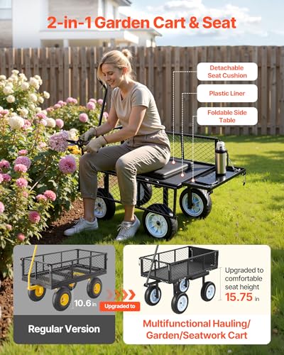 VEVOR 500 LBS Steel Garden Cart with Work Seat, Heavy Duty Garden Wagon Cart on Wheels, Outdoor Metal Utility Yard Wagon Gardening Stool with 10inch Flat Free Tires, Tool Tray & Adjustable Handle - color: Black