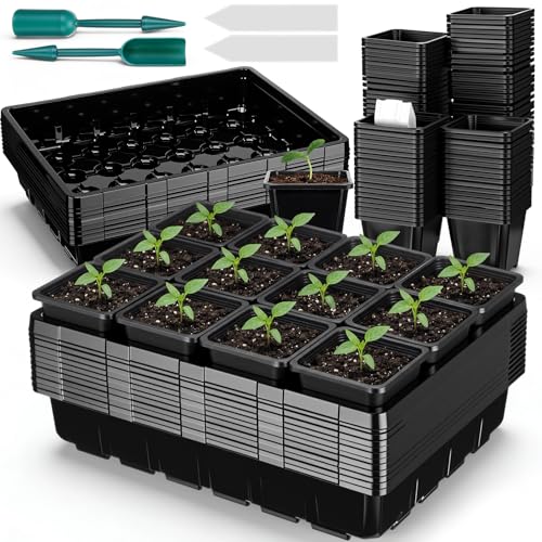 Nuenen Seed Starter Tray 10 Pcs, 3.5 Inch Square Nursery Pots 120 Pcs, Seed Starting Pot with Drainage, Seedling Trays, Microgreenings Plant Propagation Germination Tray, 10 Set