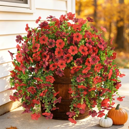 INQCMY Fake Fall Flowers Artificial Hanging Mums for Outdoors Decoration - color: Red Brown